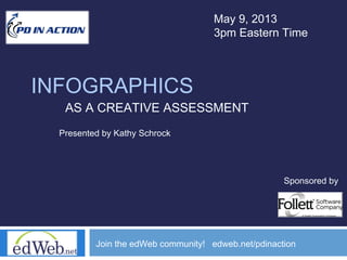 INFOGRAPHICS
AS A CREATIVE ASSESSMENT
May 9, 2013
3pm Eastern Time
Join the edWeb community! edweb.net/pdinaction
Presented by Kathy Schrock
Sponsored by
 