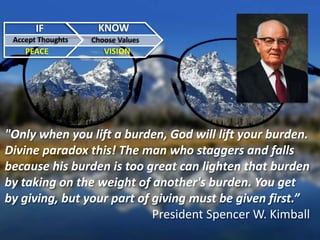 IF KNOW
Accept Thoughts Choose Values
PEACE VISION
"Only when you lift a burden, God will lift your burden.
Divine paradox this! The man who staggers and falls
because his burden is too great can lighten that burden
by taking on the weight of another's burden. You get
by giving, but your part of giving must be given first.”
President Spencer W. Kimball
 