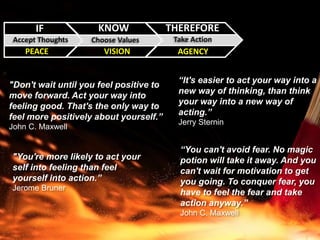 IF KNOW THEREFORE
Accept Thoughts Choose Values Take Action
PEACE VISION AGENCY
“It's easier to act your way into a
new way of thinking, than think
your way into a new way of
acting.”
Jerry Sternin
"You're more likely to act your
self into feeling than feel
yourself into action.”
Jerome Bruner
"Don't wait until you feel positive to
move forward. Act your way into
feeling good. That's the only way to
feel more positively about yourself.”
John C. Maxwell
“You can't avoid fear. No magic
potion will take it away. And you
can't wait for motivation to get
you going. To conquer fear, you
have to feel the fear and take
action anyway.”
John C. Maxwell
 