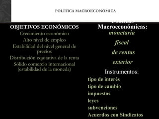 POLÍTICA MACROECONÓMICA

                                              Políticas
OBJETIVOS ECONÓMICOS                      Macroeconómicas:
     Crecimiento económico                   monetaria
       Alto nivel de empleo
                                                 fiscal
 Estabilidad del nivel general de
              precios                          de rentas
Distribución equitativa de la renta
 Sólido comercio internacional                  exterior
    (estabilidad de la moneda)
                                             Instrumentos:
                                      tipo de interés
                                      tipo de cambio
                                      impuestos
                                      leyes
                                      subvenciones
                                      Acuerdos con Sindicatos
 