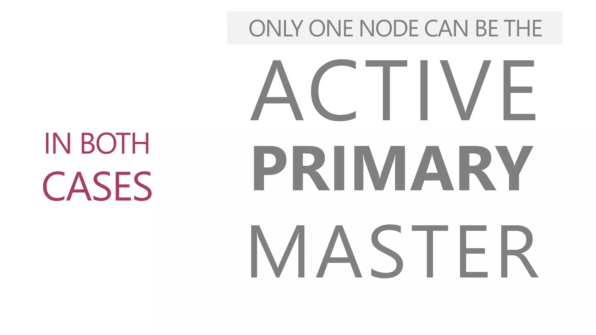 ACTIVE
ONLY ONE NODE CAN BE THE
PRIMARY
MASTER
IN BOTH
CASES