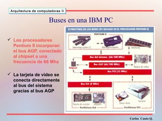 Carlos Canto Q. 
Arquitectura ddee ccoommppuuttaaddoorraass IIII 
Buses en una IBM PC 
 Los procesadores 
Pentium II incorporan 
el bus AGP, conectado 
al chipset a una 
frecuencia de 66 Mhz 
 La tarjeta de video se 
conecta directamente 
al bus del sistema 
gracias al bus AGP 
 