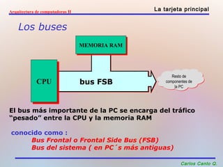 Arquitectura de computadoras II La tarjeta principal 
Los buses 
Resto de 
componentes de 
la PC 
Carlos Canto Q. 
MMEEMMOORRIIAA RRAAMM 
CCPPUU bbuuss FFSSBB 
El bus más importante de la PC se encarga del tráfico 
“pesado” entre la CPU y la memoria RAM 
conocido como : 
Bus Frontal o Frontal Side Bus (FSB) 
Bus del sistema ( en PC´s más antiguas) 
 