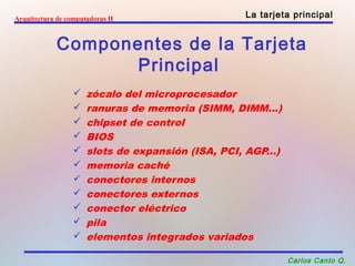 Arquitectura de computadoras II La tarjeta principal 
Componentes de la Tarjeta 
Principal 
 zócalo del microprocesador 
 ranuras de memoria (SIMM, DIMM...) 
 chipset de control 
 BIOS 
 slots de expansión (ISA, PCI, AGP...) 
 memoria caché 
 conectores internos 
 conectores externos 
 conector eléctrico 
 pila 
 elementos integrados variados 
Carlos Canto Q. 
 