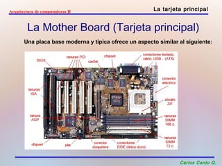 Arquitectura de computadoras II La tarjeta principal 
La Mother Board (Tarjeta principal) 
Una placa base moderna y típica ofrece un aspecto similar al siguiente: 
Carlos Canto Q. 
 