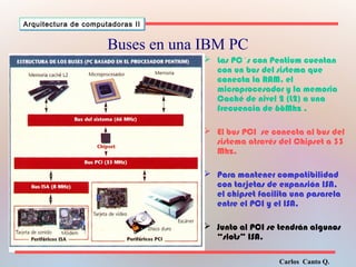  Las PC´s con Pentium cuentan 
con un bus del sistema que 
conecta la RAM, el 
microprocesador y la memoria 
Caché de nivel 2 (L2) a una 
frecuencia de 66Mhz . 
 El bus PCI se conecta al bus del 
sistema através del Chipset a 33 
Mhz. 
 Para mantener compatibilidad 
con tarjetas de expansión ISA, 
el chipset facilita una pasarela 
entre el PCI y el ISA. 
 Junto al PCI se tendrán algunos 
“slots” ISA. 
Carlos Canto Q. 
Arquitectura ddee ccoommppuuttaaddoorraass IIII 
Buses en una IBM PC 
 