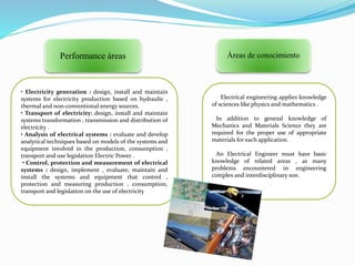 Performance áreas
• Electricity generation : design, install and maintain
systems for electricity production based on hydraulic ,
thermal and non-conventional energy sources.
• Transport of electricity: design, install and maintain
systems transformation , transmission and distribution of
electricity .
• Analysis of electrical systems : evaluate and develop
analytical techniques based on models of the systems and
equipment involved in the production, consumption ,
transport and use legislation Electric Power .
• Control, protection and measurement of electrical
systems : design, implement , evaluate, maintain and
install the systems and equipment that control ,
protection and measuring production , consumption,
transport and legislation on the use of electricity
Áreas de conocimiento
Electrical engineering applies knowledge
of sciences like physics and mathematics .
In addition to general knowledge of
Mechanics and Materials Science they are
required for the proper use of appropriate
materials for each application.
An Electrical Engineer must have basic
knowledge of related areas , as many
problems encountered in engineering
complex and interdisciplinary son.
 