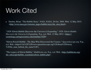 Work Cited
Dunbar, Brian. "The Hubble Story." NASA. NASA, 26 Oct. 2006. Web. 12 May 2015.
<http://www.nasa.gov/mission_pages/hubble/story/the_story.html>.
"1929: Edwin Hubble Discovers the Universe Is Expanding." 1929: Edwin Hubble
Discovers the Universe Is Expanding. N.p., n.d. Web. 12 May 2015. <https://
cosmology.carnegiescience.edu/timeline/1929>
"Edwin Powell Hubble - The Man Who Discovered the Cosmos." Spacetelescope.org. N.p.,
n.d. Web. <https%3A%2F%2Fwww.spacetelescope.org%2Fabout%2Fhistory
%2Fthe_man_behind_the_name%2F>.
"The Legacy of Edwin Hubble." Hubblesite.org. N.p., n.d. Web. <http://hubblesite.org/
the_telescope/hubble_essentials/edwin_hubble.php>.
Thursday, May 14, 2015
 