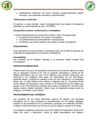  Autoantígenos (autólogo): del mismo individuo, excepcionalmente pueden
dar lugar a una respuesta inmunitaria (autoinmunidad)
Tamaño (peso molecular):
En general, a mayor tamaño, mayor inmunogenicidad. Los mejores inmunógenos
presentan un peso molecular de unos 100.000Da.
Composición química, conformación y complejidad:
A mayor heterogeneidad de composición química mejor inmunogenicidad.
 En general, las proteínas son buenos inmunógenos.
 Los polisacáridos son potencialmente inmunogénicos.
 Los lípidos y los ácidos nucleicos son débiles o malos inmunógenos.
Degradabilidad:
Es la capacidad de ser procesado y presentado junto con el CMH. En general, las
moléculas no degradables no son buenos inmunógenos.
Accesibilidad:
Las proteínas de los flagelos, cápsulas o la superficie celular resultan más
inmunógenas.4
RESPUESTA INMUNITARIA.
Pueden existir dos tipos de respuestas inmunitarias por parte del organismo, estas
son: la respuesta humoral en la cual se producen anticuerpos a través de las
células plasmáticas, que se unen a los antígenos para producir reacciones que
destruirán a los antígenos para luego ser fagocitados por los macrófagos,
generada frente a organismos extraños como los virus infecciosos y la respuesta
celular que es algo ineficaz para destruir a antígenos que se encuentran dentro
de las células del organismo, pues consiste en la destrucción de las células que
poseen a los microorganismos extraños para evitar su proliferación, de este modo
pueden destruir células tumorales. Ambos tipos de respuestas actúan contra los
antígenos circulantes y sus toxinas.5
PROCESAMIENTO DEL ANTÍGENO
Las proteínas son los únicos elementos capaces de generar una respuesta
inmunitaria, por lo cual, necesitan un procesamiento por las células auxiliares,
seguido de la presentación en su membrana, asociadas con moléculas del MHC;
lo anterior está determinado por la forma en que el antígeno ingresa en la célula.
Los antígenos exógenos producidos fuera de la célula del hospedador entran en la
célula por endo o fagocitosis, donde la célula presentadora del antígeno
 