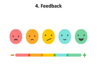 4. Feedback
• In addition to selecting the right goal, you must
also listen to feedback to determine whether
you’re doing it right. This allows you to adjust
the goal and your approach to achieve it.
• Feedback doesn’t necessarily have to come from
other people. Feedback can also come from
within.
• Listening to feedback to check whether you’re
headed in the right direction;
• If necessary, adjusting the goal and approach to
achieve the goal;
 