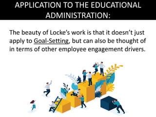APPLICATION TO THE EDUCATIONAL
ADMINISTRATION:
The beauty of Locke’s work is that it doesn’t just
apply to Goal-Setting, but can also be thought of
in terms of other employee engagement drivers.
 