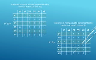 V1 V2 V3 V4 V5 V6
V1 1 1 1 1 1 1
V2 1 1 1 1 1 1
V3 1 1 1 0 1 1
V4 0 1 1 1 1 1
V5 0 1 1 1 1 1
V6 1 0 1 1 0 1
V1 V2 V3 V4 V5 V6
V1 1 1 1 1 1 1
V2 1 0 1 1 1 1
V3 0 1 1 1 1 1
V4 1 1 0 1 1 1
V5 1 1 1 1 1 1
V6 1 1 1 1 0 1
Elevamos la matriz a cuatro para encontrarlos
caminos de tamaño cuatro(04)
M 4
(D)=
Elevamos la matriz al cubo para encontrarlos
caminos de tamaño tres (03)
M 3
(D)=
 