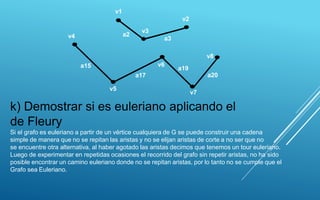 v1
a2
v3
a3
v2
v4
a15
v5
a17
v6
a19
v7
a20
v8
k) Demostrar si es euleriano aplicando el
de Fleury
Si el grafo es euleriano a partir de un vértice cualquiera de G se puede construir una cadena
simple de manera que no se repitan las aristas y no se elijan aristas de corte a no ser que no
se encuentre otra alternativa, al haber agotado las aristas decimos que tenemos un tour euleriano.
Luego de experimentar en repetidas ocasiones el recorrido del grafo sin repetir aristas, no ha sido
posible encontrar un camino euleriano donde no se repitan aristas, por lo tanto no se cumple que el
Grafo sea Euleriano.
 