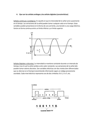 4. Que son las señales análogas y las señales digitales (características)
Señales continuas o analógicas: Es aquella en que la intensidad de la señal varía suavemente
en el tiempo. Las variaciones de la señal pueden tomar cualquier valor en el tiempo. Estas
variables pueden presentarse en la forma de una corriente, una tensión o una carga eléctrica.
Varían en forma continua entre un límite inferior y un límite superior.
Señales Digitales o discretas: La intensidad se mantiene constante durante un intervalo de
tiempo, tras el cual la señal cambia a otro valor constante. Las variaciones de la señal sólo
pueden tomar valores discretos. Son variables eléctricas con dos niveles bien diferenciados
que se alternan en el tiempo transmitiendo información según un código previamente
acordado. Cada nivel eléctrico representa uno de dos símbolos: 0 ó 1, V o F, etc.
 