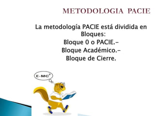 METODOLOGIA PACIELa metodología PACIE está dividida en Bloques: Bloque 0 o PACIE.- Bloque Académico.- Bloque de Cierre.