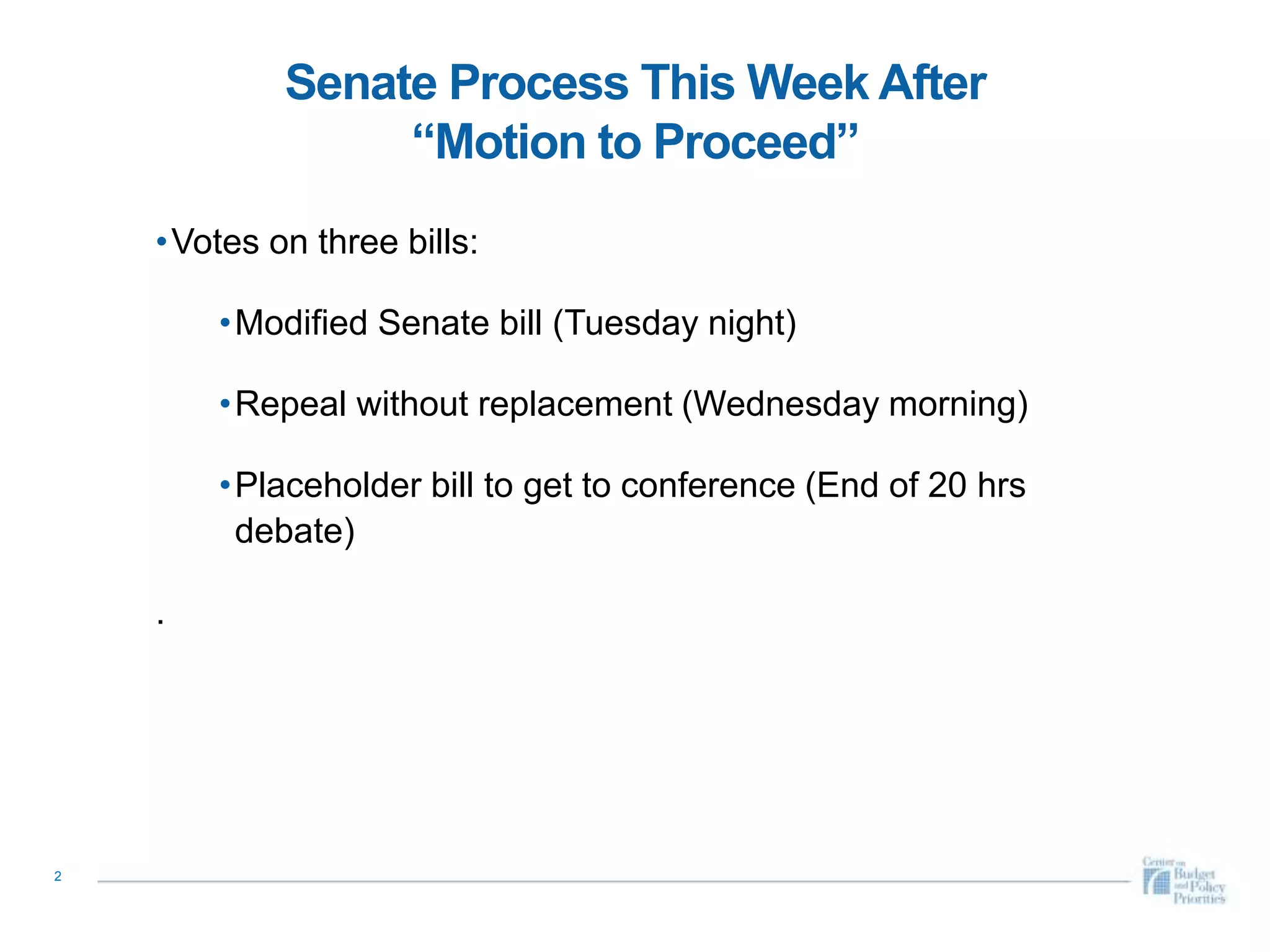 Senate Process This Week After
“Motion to Proceed”
2
•Votes on three bills:
•Modified Senate bill (Tuesday night)
•Repeal without replacement (Wednesday morning)
•Placeholder bill to get to conference (End of 20 hrs
debate)
.