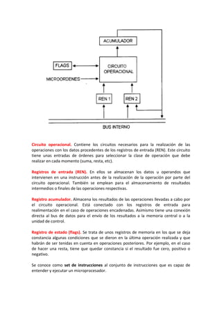 Circuito operacional. Contiene los circuitos necesarios para la realización de las
operaciones con los datos procedentes de los registros de entrada (REN). Este circuito
tiene unas entradas de órdenes para seleccionar la clase de operación que debe
realizar en cada momento (suma, resta, etc).

Registros de entrada (REN). En ellos se almacenan los datos u operandos que
intervienen en una instrucción antes de la realización de la operación por parte del
circuito operacional. También se emplean para el almacenamiento de resultados
intermedios o finales de las operaciones respectivas.

Registro acumulador. Almacena los resultados de las operaciones llevadas a cabo por
el circuito operacional. Está conectado con los registros de entrada para
realimentación en el caso de operaciones encadenadas. Asimismo tiene una conexión
directa al bus de datos para el envío de los resultados a la memoria central o a la
unidad de control.

Registro de estado (flags). Se trata de unos registros de memoria en los que se deja
constancia algunas condiciones que se dieron en la última operación realizada y que
habrán de ser tenidas en cuenta en operaciones posteriores. Por ejemplo, en el caso
de hacer una resta, tiene que quedar constancia si el resultado fue cero, positivo o
negativo.

Se conoce como set de instrucciones al conjunto de instrucciones que es capaz de
entender y ejecutar un microprocesador.
 