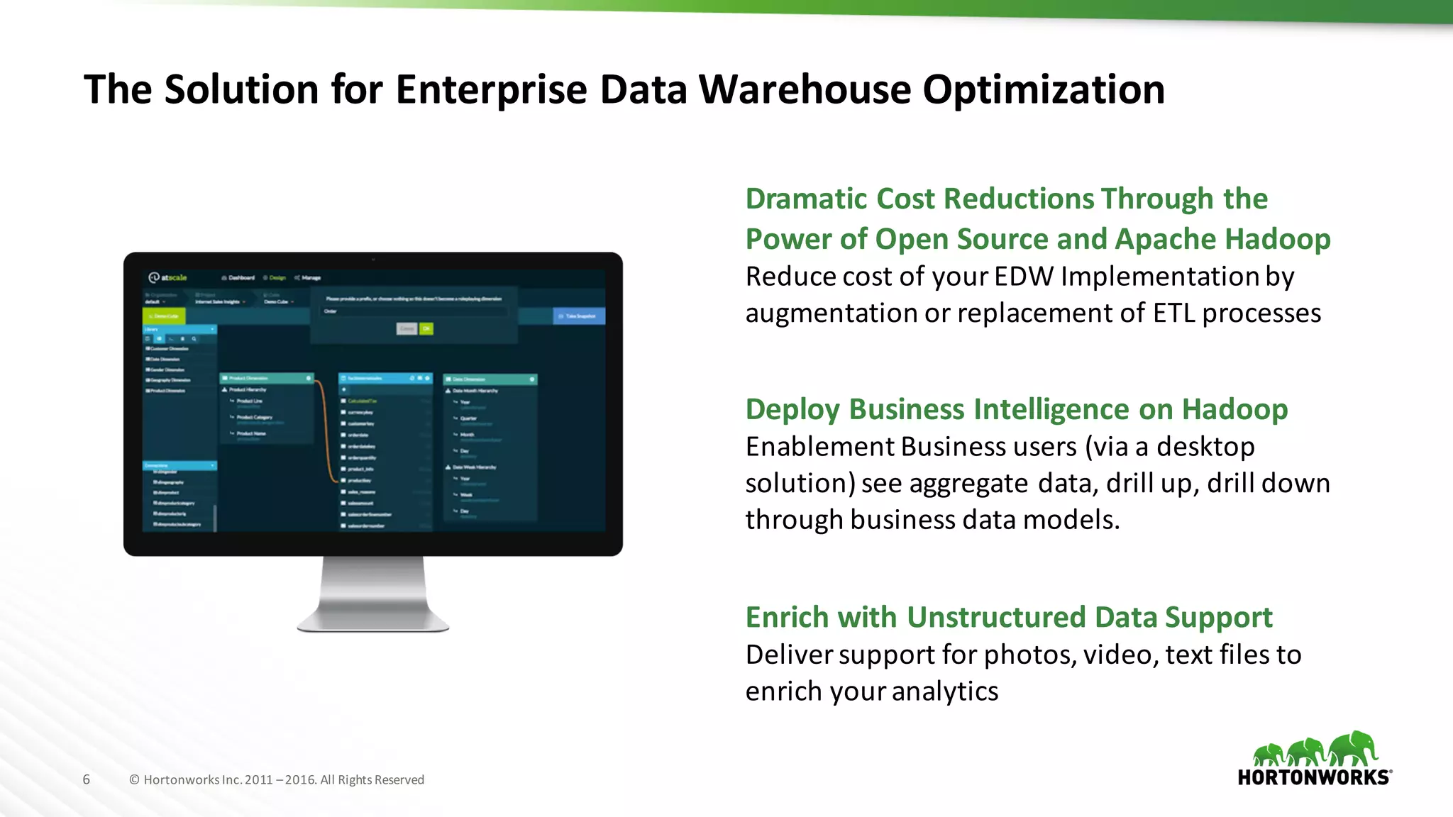 6 ©	Hortonworks	Inc.	2011	–2016.	All	Rights	Reserved
The	Solution	for	Enterprise	Data	Warehouse	Optimization
Dramatic	Cost	Reductions	Through	the
Power	of	Open	Source	and	Apache	Hadoop
Reduce	cost	of	your	EDW	Implementation	by	
augmentation	or	replacement	of	ETL	processes
Deploy	Business	Intelligence	on	Hadoop
Enablement	Business	users	(via	a	desktop	
solution)	see	aggregate	data,	drill	up,	drill	down	
through	business	data	models.
Enrich	with	Unstructured	Data	Support
Deliver	support	for	photos,	video,	text	files	to	
enrich	your	analytics
 