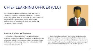 CHIEF LEARNING OFFICER (CLO)
A CLO's responsibilities may include onboarding, training
courses and materials, employee dev...