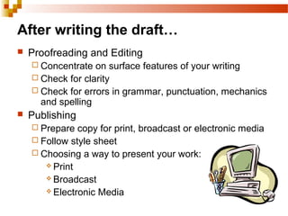 After writing the draft…
 Proofreading and Editing
 Concentrate on surface features of your writing
 Check for clarity
 Check for errors in grammar, punctuation, mechanics
and spelling
 Publishing
 Prepare copy for print, broadcast or electronic media
 Follow style sheet
 Choosing a way to present your work:
 Print
 Broadcast
 Electronic Media
 