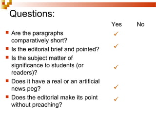 Questions:
 Are the paragraphs
comparatively short?
 Is the editorial brief and pointed?
 Is the subject matter of
significance to students (or
readers)?
 Does it have a real or an artificial
news peg?
 Does the editorial make its point
without preaching?
Yes No





 