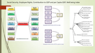 Social Security, Employee Rights, Contributtion to GDP and per Capita GDP, Well being index
 