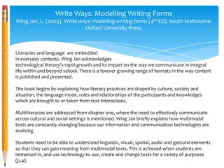 Write Ways: Modelling Writing Forms
Wing Jan, L. (2009). Write ways: modelling writing forms (4th ED). South Melbourne:
Oxford University Press.
Literacies and language are embedded
in everyday contexts. Wing Jan acknowledges
technological literacy’s rapid growth and its impact on the way we communicate in integral
life within and beyond school. There is a forever growing range of formats in the way content
is published and presented.
The book begins by explaining how literacy practices are shaped by culture, society and
situation, the language mode, roles and relationships of the participants and knowledges
which are brought to or taken from text interactions.
Multiliteracies are addressed from chapter one, where the need to effectively communicate
across cultural and social settings is mentioned. Wing Jan briefly explains how multimodal
texts are constantly changing because our information and communication technologies are
evolving.
Students need to be able to understand linguistic, visual, spatial, audio and gestural elements
so that they can gain meaning from multimodal texts. This is achieved when students are
immersed in, and use technology to use, create and change texts for a variety of purposes
(p.4).
 