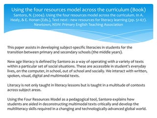 Using the four resources model across the curriculum (Book)
Santoro, N. (2004). Using the four resources model across the curriculum. In A.
Healy, & E. Honan (Eds.), Text next : new resources for literacy learning (pp. 51-67).
Newtown, NSW: Primary English Teaching Association
This paper assists in developing subject-specific literacies in students for the
transition between primary and secondary schools (the middle years).
New age literacy is defined by Santoro as a way of operating with a variety of texts
within a particular set of social situations. These are accessible in student’s everyday
lives, on the computer, in school, out of school and socially. We interact with written,
spoken, visual, digital and multimodal texts.
Literacy is not only taught in literacy lessons but is taught in a multitude of contexts
across subject areas.
Using the Four Resources Model as a pedagogical tool, Santoro explains how
students are aided in deconstructing multimodal texts critically and develop the
multiliteracy skills required in a changing and technologically-advanced global world.
 