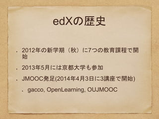 edXの歴史
2012年の新学期（秋）に7つの教育課程で開
始
2013年5月には京都大学も参加
JMOOC発足(2014年4月3日に3講座で開始)
gacco, OpenLearning, OUJMOOC
 