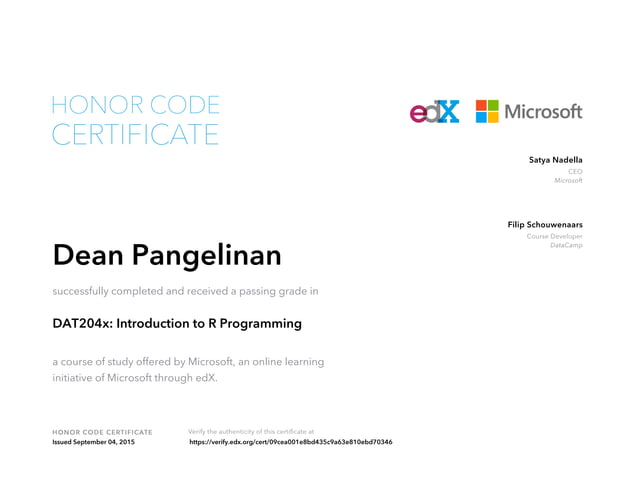 Honor Code Certificate - edX|Microsoft - DAT204x: Introduction to R ...