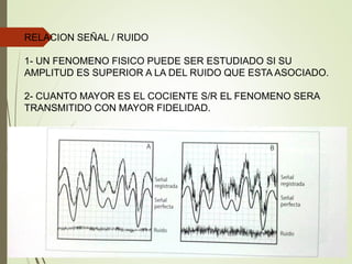 RELACION SEÑAL / RUIDO
1- UN FENOMENO FISICO PUEDE SER ESTUDIADO SI SU
AMPLITUD ES SUPERIOR A LA DEL RUIDO QUE ESTA ASOCIADO.
2- CUANTO MAYOR ES EL COCIENTE S/R EL FENOMENO SERA
TRANSMITIDO CON MAYOR FIDELIDAD.
 