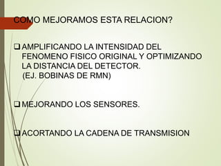 COMO MEJORAMOS ESTA RELACION?
AMPLIFICANDO LA INTENSIDAD DEL
FENOMENO FISICO ORIGINAL Y OPTIMIZANDO
LA DISTANCIA DEL DETECTOR.
(EJ. BOBINAS DE RMN)
MEJORANDO LOS SENSORES.
ACORTANDO LA CADENA DE TRANSMISION
 