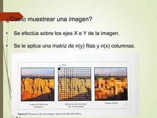 ¿Como muestrear una imagen?
• Se efectúa sobre los ejes X e Y de la imagen.
• Se le aplica una matriz de n(y) filas y n(x) columnas.
 