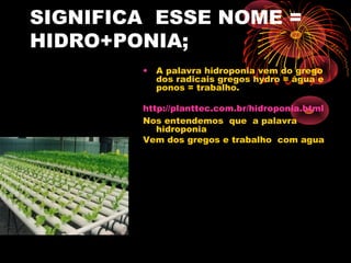SIGNIFICA ESSE NOME =
HIDRO+PONIA;
        •   A palavra hidroponia vem do grego
            dos radicais gregos hydro = água e
            ponos = trabalho.

        http://planttec.com.br/hidroponia.html
        Nos entendemos que a palavra
           hidroponia
        Vem dos gregos e trabalho com agua
 