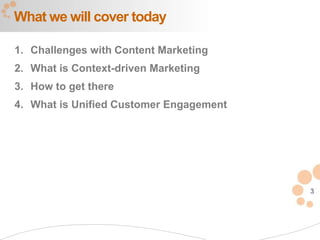 What we will cover today

1. Challenges with Content Marketing
2. What is Context-driven Marketing
3. How to get there
4. What is Unified Customer Engagement




                                         3
 