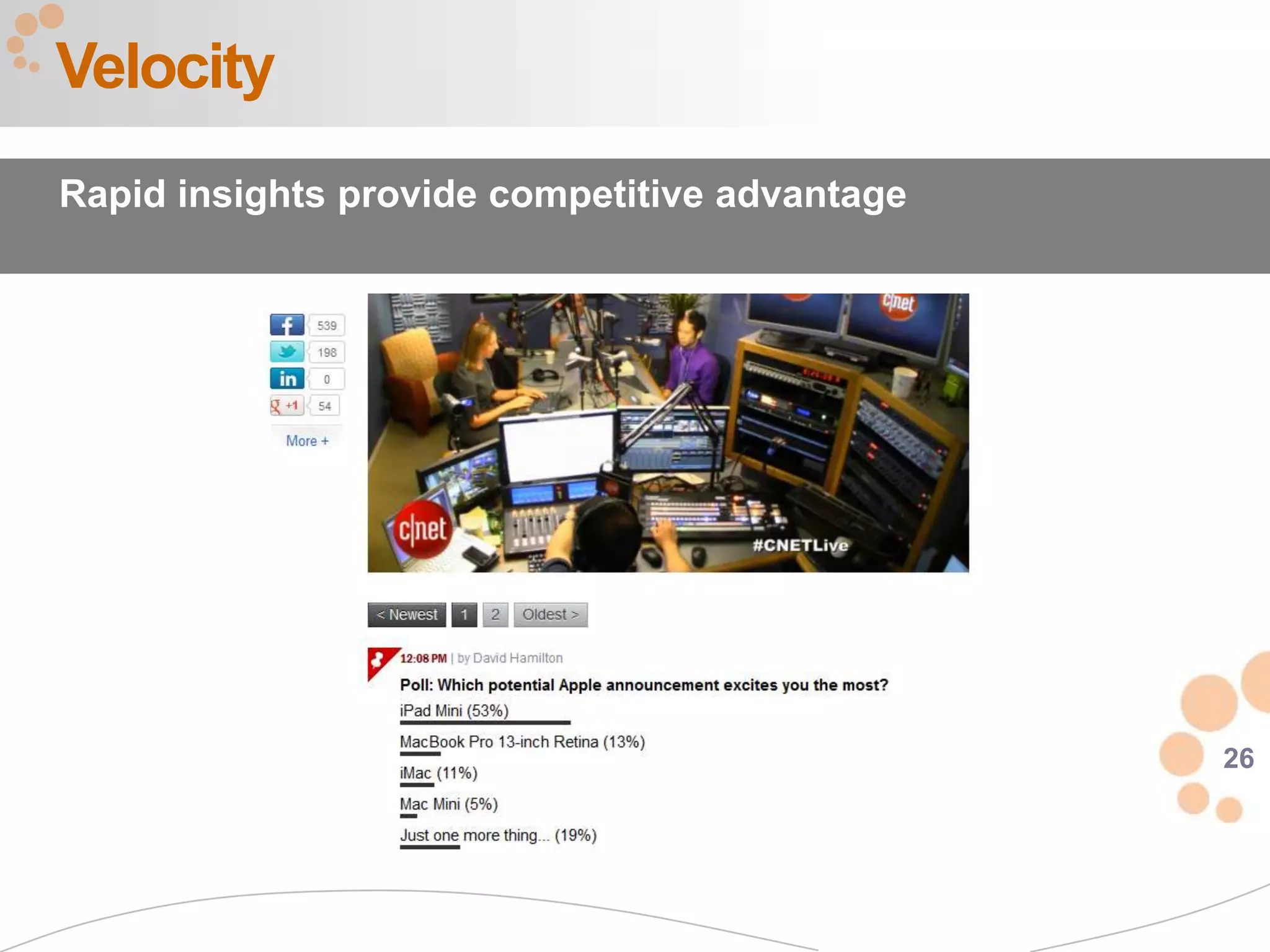 Velocity
Rapid insights provide competitive advantage




                                               26
 