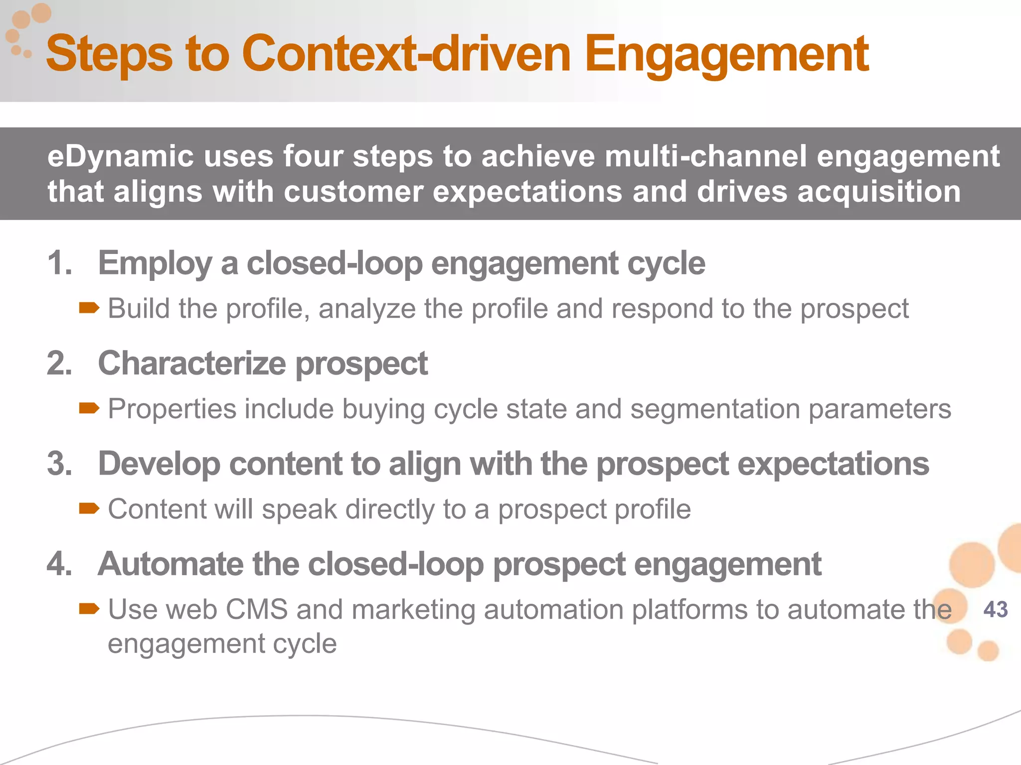Steps to Context-driven Engagement
eDynamic uses four steps to achieve multi-channel engagement
that aligns with customer expectations and drives acquisition

1. Employ a closed-loop engagement cycle
   Build the profile, analyze the profile and respond to the prospect
2. Characterize prospect
   Properties include buying cycle state and segmentation parameters
3. Develop content to align with the prospect expectations
   Content will speak directly to a prospect profile
4. Automate the closed-loop prospect engagement
   Use web CMS and marketing automation platforms to automate the       43
    engagement cycle
 