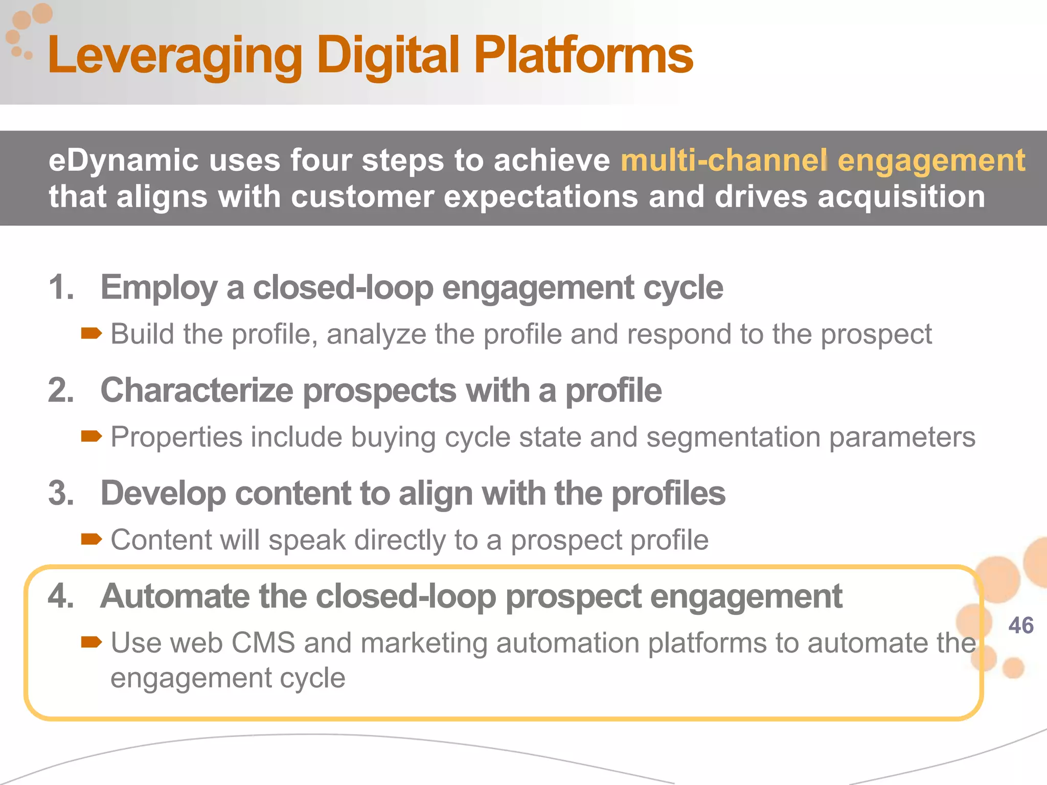Leveraging Digital Platforms
eDynamic uses four steps to achieve multi-channel engagement
that aligns with customer expectations and drives acquisition

1. Employ a closed-loop engagement cycle
   Build the profile, analyze the profile and respond to the prospect
2. Characterize prospects with a profile
   Properties include buying cycle state and segmentation parameters
3. Develop content to align with the profiles
   Content will speak directly to a prospect profile
4. Automate the closed-loop prospect engagement
                                                                         46
   Use web CMS and marketing automation platforms to automate the
    engagement cycle
 