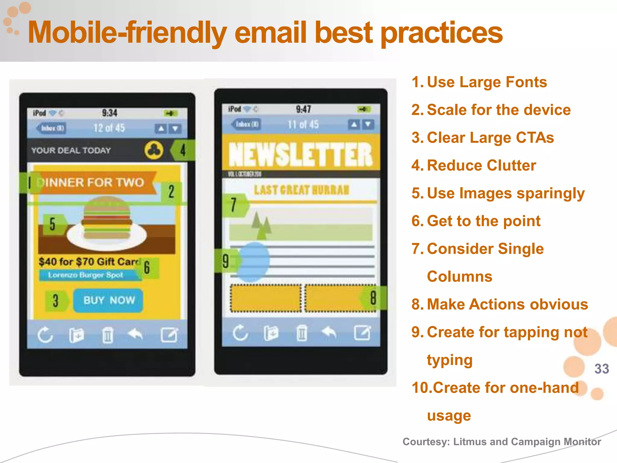Mobile-friendly email best practices
                             1. Use Large Fonts
                             2. Scale for the device
                             3. Clear Large CTAs
                             4. Reduce Clutter
                             5. Use Images sparingly
                             6. Get to the point
                             7. Consider Single
                                Columns
                             8. Make Actions obvious
                             9. Create for tapping not
                                typing
                                                               33
                             10.Create for one-hand
                                usage
                            Courtesy: Litmus and Campaign Monitor
 