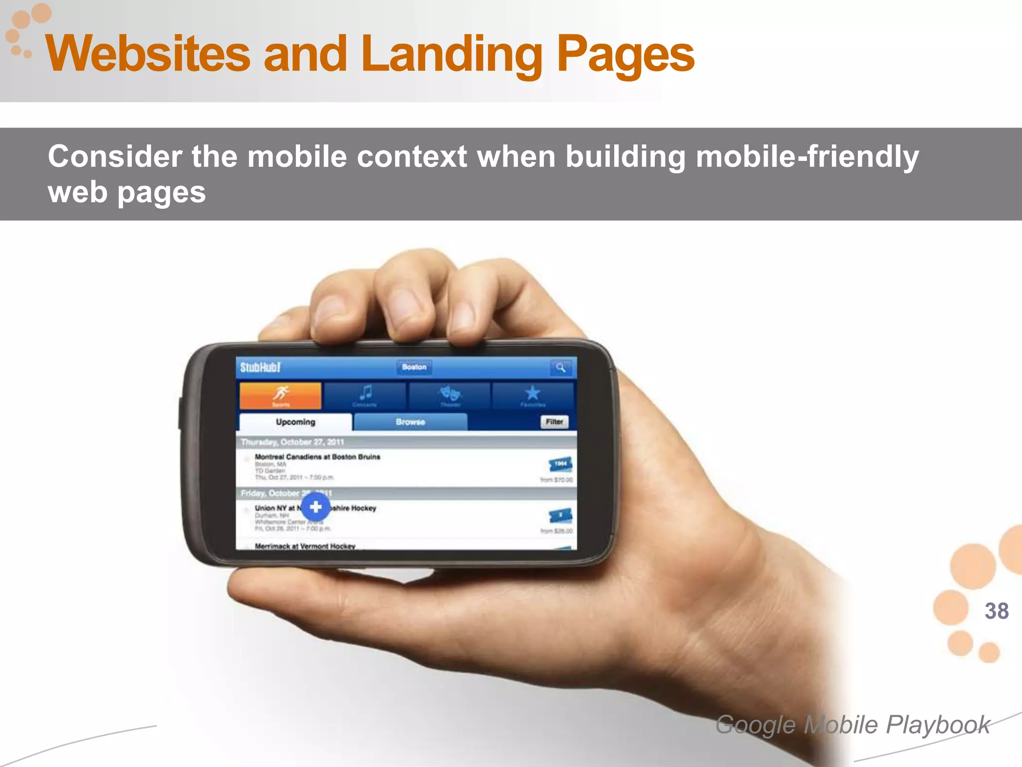 Websites and Landing Pages
Consider the mobile context when building mobile-friendly
web pages




                                                                38




                                           Google Mobile Playbook
 