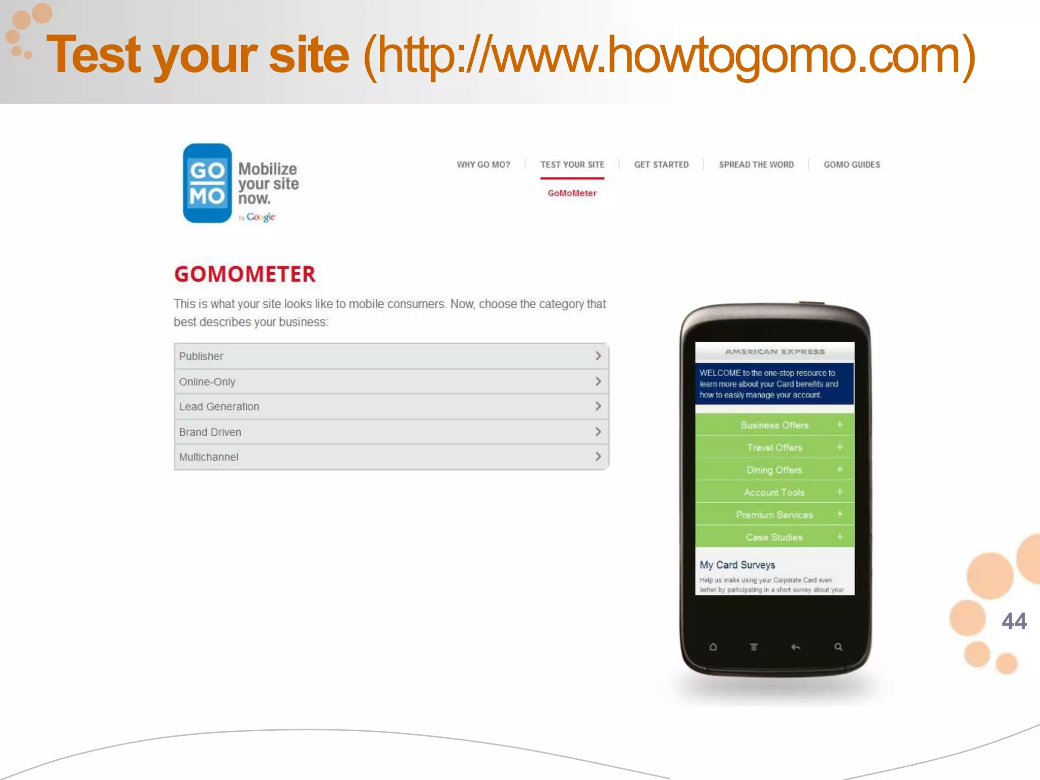 Test your site (http://www.howtogomo.com)




                                            44
 