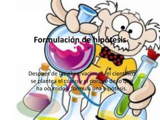 Formulación de hipótesis


Después de las observaciones, el científico
 se plantea el cómo y el porqué de lo que
   ha ocurrido y formula una hipótesis.
 