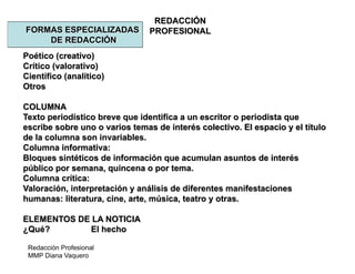 Redacción Profesional
MMP Diana Vaquero
REDACCIÓN
PROFESIONALFORMAS ESPECIALIZADAS
DE REDACCIÓN
Poético (creativo)
Crítico (valorativo)
Científico (analítico)
Otros
COLUMNA
Texto periodístico breve que identifica a un escritor o periodista que
escribe sobre uno o varios temas de interés colectivo. El espacio y el título
de la columna son invariables.
Columna informativa:
Bloques sintéticos de información que acumulan asuntos de interés
público por semana, quincena o por tema.
Columna crítica:
Valoración, interpretación y análisis de diferentes manifestaciones
humanas: literatura, cine, arte, música, teatro y otras.
ELEMENTOS DE LA NOTICIA
¿Qué? El hecho
 