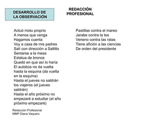 Redacción Profesional
MMP Diana Vaquero
REDACCIÓN
PROFESIONALDESARROLLO DE
LA OBSERVACIÓN
Actuó motu proprio
A menos que venga
Hagamos cuenta
Voy a casa de mis padres
Salí con dirección a Saltillo
Sentarse a la mesa
Estatua de bronce
Quedó en que así lo haría
El autobús no da vuelta
hasta la esquina (da vuelta
en la esquina)
Hasta el jueves no saldrán
los viajeros (el jueves
saldrán)
Hasta el año próximo no
empezaré a estudiar (el año
próximo empezaré)
Pastillas contra el mareo
Jarabe contra la tos
Veneno contra las ratas
Tiene afición a las ciencias
De orden del presidente
 
