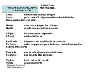 Redacción Profesional
MMP Diana Vaquero
REDACCIÓN
PROFESIONALFORMAS ESPECIALIZADAS
DE REDACCIÓN
Cítara instrumento musical antiguo
Citara pared con sólo el grueso del ancho del ladrillo.
Conjugación del verbo citar
Garito casa donde juegan los táhures
Garlito celada para perjudicar a alguien
Infligir imponer penas corporales
Infringir quebrantar leyes
Paráfrasis interpretación amplificada de un texto
Perífrasis rodeo de palabras para decir algo que hubiera podido
decirse brevemente
Flagrante que se está ejecutando actualmente
Fragrante que despide olor delicioso
Vagido llanto del recién nacido
Vahido desvanecimiento
 