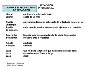 Redacción Profesional
MMP Diana Vaquero
REDACCIÓN
PROFESIONALFORMAS ESPECIALIZADAS
DE REDACCIÓN
Literal conforme a la letra del texto
Litoral costa de un mar
Ábside parte abovedada que sobresale de la fachada posterior de
un templo
Ápside cada uno de los dos extremos del eje mayor en la órbita
de un astro
Solevantar levantar una cosa empujando de abajo hacia arriba
Soliviantar inducir a otro a rebelarse
Ampón abultado
Hampón valentón
Laxo que no tiene la tensión que naturalmente debe tener
Lazo nudo de cintas. Cuerda larga
Laso débil
 