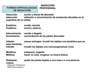 Redacción Profesional
MMP Diana Vaquero
REDACCIÓN
PROFESIONALFORMAS ESPECIALIZADAS
DE REDACCIÓN
Absorción acción y efecto de absorber
Adsorción adhesión o concentración de sustancias disueltas en la
superficie de un sólido
Esotérico oculto, secreto
Exotérico común, externo
Advenimiento venida o llegada
Avenimiento concordancia de las partes discordes
Infestar causar estragos. Invadir los tejidos con parásitos que no
sean bacterias
Infectar invadir los tejidos con microorganismos vivos
Mistificar embaucar, engañar
Mitificar hacer un mito, imaginar un futuro ficticio
Desbastar quitar las partes bastas a una cosa o a una persona
rústica
 