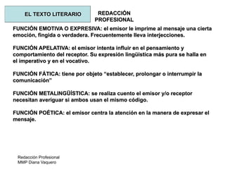 Redacción Profesional
MMP Diana Vaquero
REDACCIÓN
PROFESIONAL
FUNCIÓN EMOTIVA O EXPRESIVA: el emisor le imprime al mensaje una cierta
emoción, fingida o verdadera. Frecuentemente lleva interjecciones.
FUNCIÓN APELATIVA: el emisor intenta influir en el pensamiento y
comportamiento del receptor. Su expresión lingüística más pura se halla en
el imperativo y en el vocativo.
FUNCIÓN FÁTICA: tiene por objeto “establecer, prolongar o interrumpir la
comunicación”
FUNCIÓN METALINGÜÍSTICA: se realiza cuento el emisor y/o receptor
necesitan averiguar si ambos usan el mismo código.
FUNCIÓN POÉTICA: el emisor centra la atención en la manera de expresar el
mensaje.
EL TEXTO LITERARIO
 