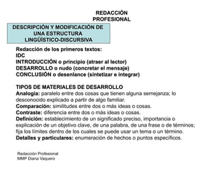 Redacción Profesional
MMP Diana Vaquero
REDACCIÓN
PROFESIONAL
DESCRIPCIÓN Y MODIFICACIÓN DE
UNA ESTRUCTURA
LINGÜÍSTICO-DISCURSIVA
Redacción de los primeros textos:
IDC
INTRODUCCIÓN o principio (atraer al lector)
DESARROLLO o nudo (concretar el mensaje)
CONCLUSIÓN o desenlance (sintetizar e integrar)
TIPOS DE MATERIALES DE DESARROLLO
Analogía: paralelo entre dos cosas que tienen alguna semejanza; lo
desconocido explicado a partir de algo familiar.
Comparación: similitudes entre dos o más ideas o cosas.
Contraste: diferencia entre dos o más ideas o cosas.
Definición: establecimiento de un significado preciso, importancia o
explicación de un objetivo clave, de una palabra, de una frase o de términos;
fija los límites dentro de los cuales se puede usar un tema o un término.
Detalles y particulares: enumeración de hechos o puntos específicos.
 