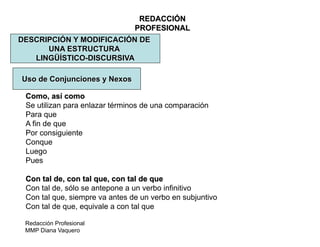 Redacción Profesional
MMP Diana Vaquero
REDACCIÓN
PROFESIONAL
DESCRIPCIÓN Y MODIFICACIÓN DE
UNA ESTRUCTURA
LINGÜÍSTICO-DISCURSIVA
Uso de Conjunciones y Nexos
Como, así como
Se utilizan para enlazar términos de una comparación
Para que
A fin de que
Por consiguiente
Conque
Luego
Pues
Con tal de, con tal que, con tal de que
Con tal de, sólo se antepone a un verbo infinitivo
Con tal que, siempre va antes de un verbo en subjuntivo
Con tal de que, equivale a con tal que
 